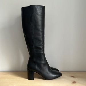 Knee-high, block-heel, black leather boots- size 40/9.5